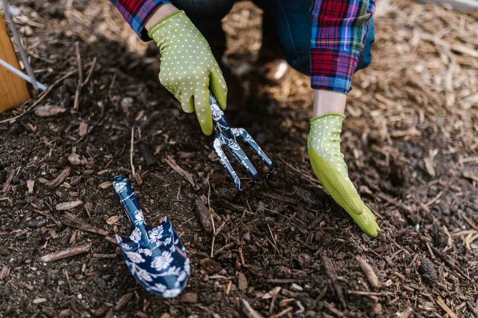 Gloved hands working a garden bed